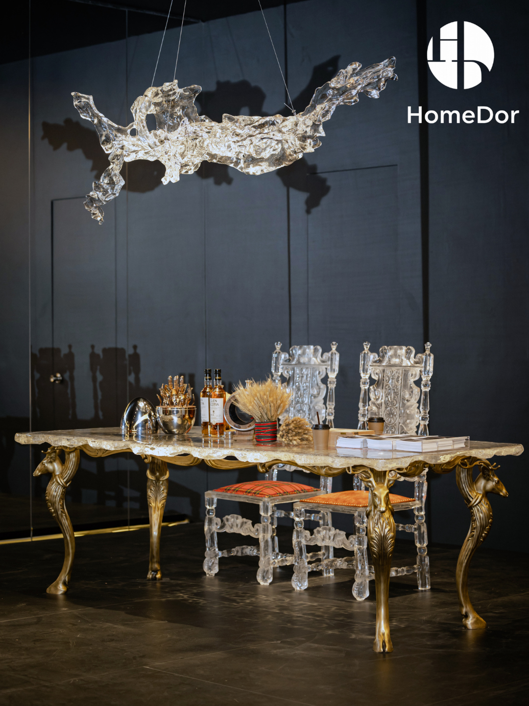 Luxury Bronze Deer Glacier Crystal Long Dining Table by Gordon Gu