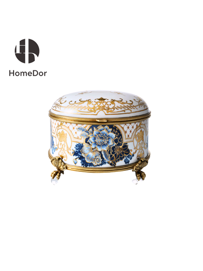 HomeDor Chinoiserie Blue and White Peony Gilded Decor Set I