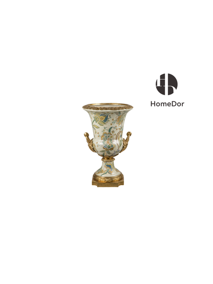 HomeDor Vintage Rococo Luxury Blossom & Brass Table Decor Set-Vase: L27cm X W27cm X H42cm-