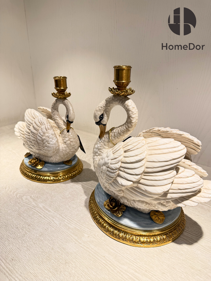 HomeDor Exquisito candelabro clásico de porcelana con forma de cisne de cobre