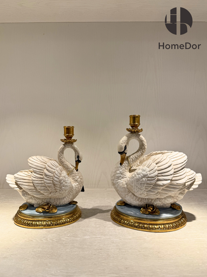 HomeDor Exquisito candelabro clásico de porcelana con forma de cisne de cobre