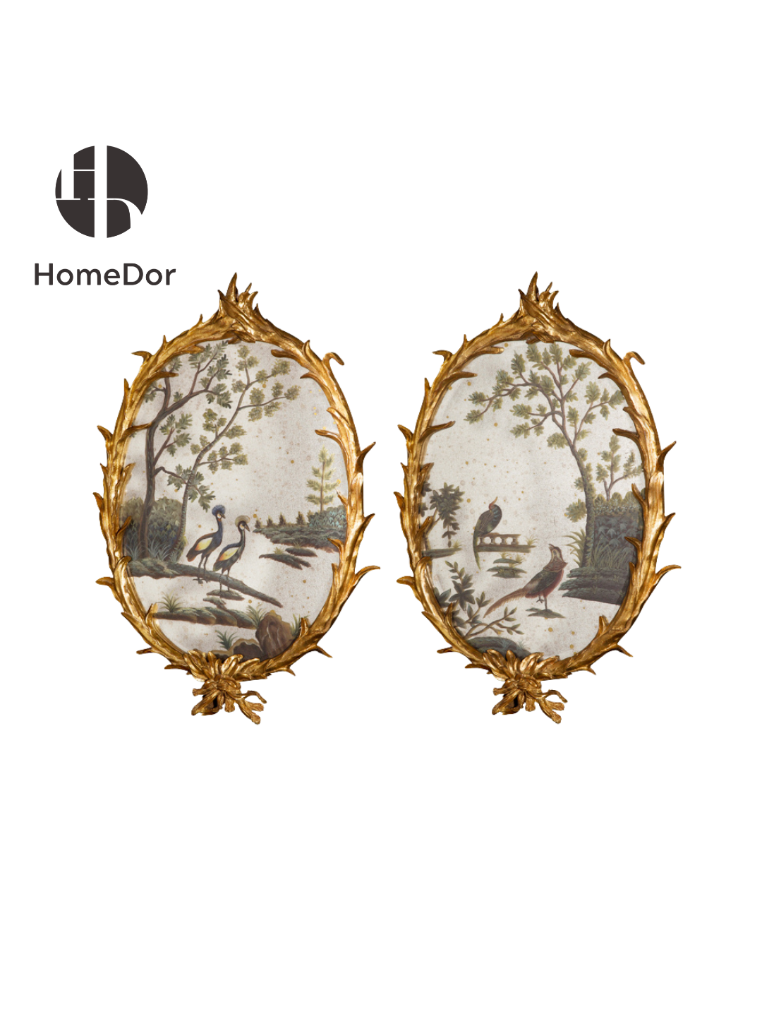 HomeDor × FH&Home | Ornate Gold Frame Chinoiserie Bird Mirror Art Wall Decor Set