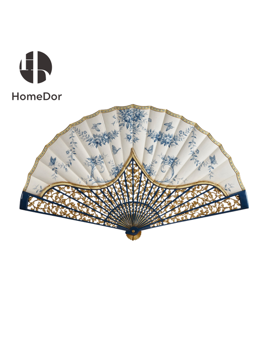 HomeDor × FH&Home | Chinoiserie Elegant Blue & White Floral Fan Wall Art Decor