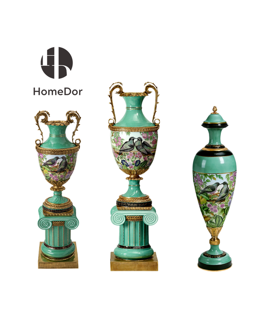 HomeDor Emerald Garden Collection Lovebirds Hand-Painted Porcelain Floor Vases