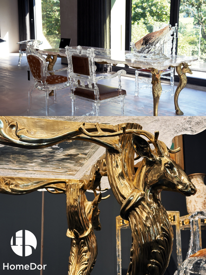 Luxury Bronze Deer Glacier Crystal Long Dining Table by Gordon Gu