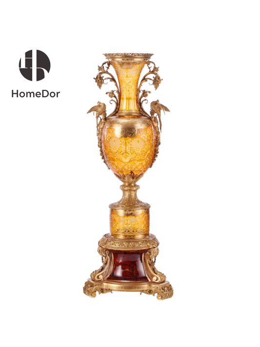 HomeDor Imperial Gilded Bird Amber Glass Floor Vase