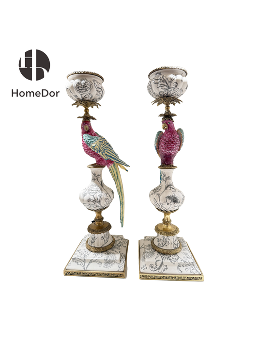 Vintage Vivid Parrot Floral Ceramic Decorative Candle Holder