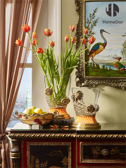 HomeDor × FH&Home | Prague Collection Crystal Glass Vase with Brass Rose Motifs