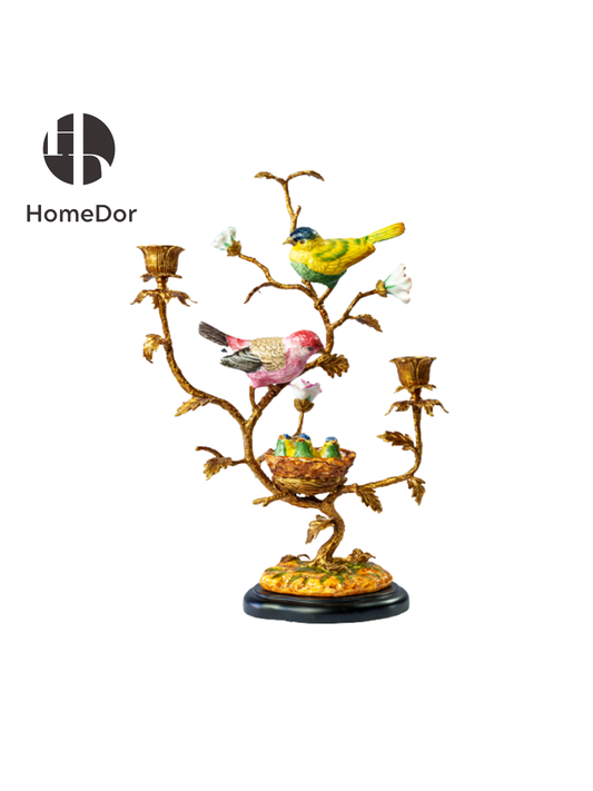 Artistic Nature Inspired Ceramic Bird Candle Holder Brass Branch Candelabra