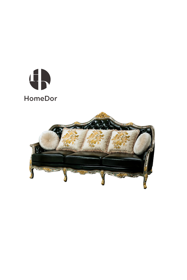 HomeDor × FH&amp;Home | Sofá clásico de cuero tallado a mano, estilo castillo francés