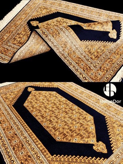 Kashmir Handmade Mulberry Silk Black & Gold Geometric Medallion Rug 60cm × 90cm