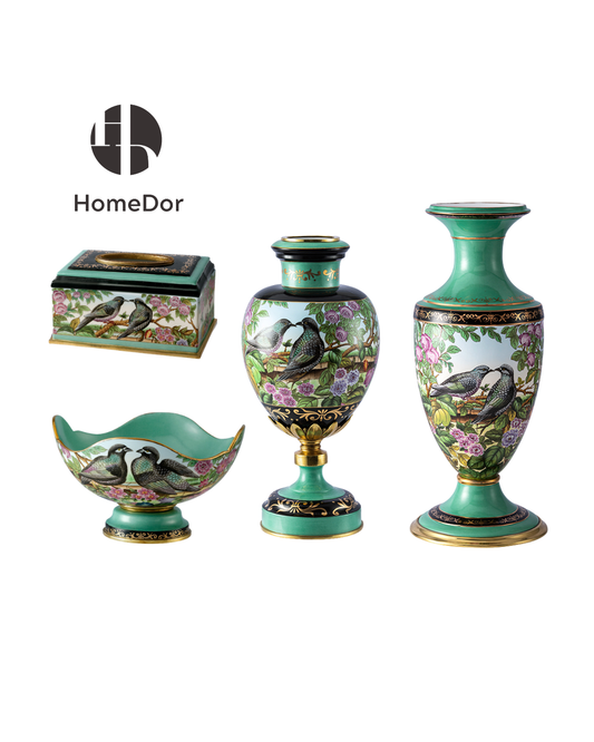 HomeDor Emerald Garden Collection Lovebirds Hand-Painted Porcelain Table Decor Set
