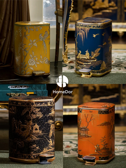 HomeDor × FH&Home | Chinoiserie Black & Gold Crackle Texture Landscape Accent Trash Bin
