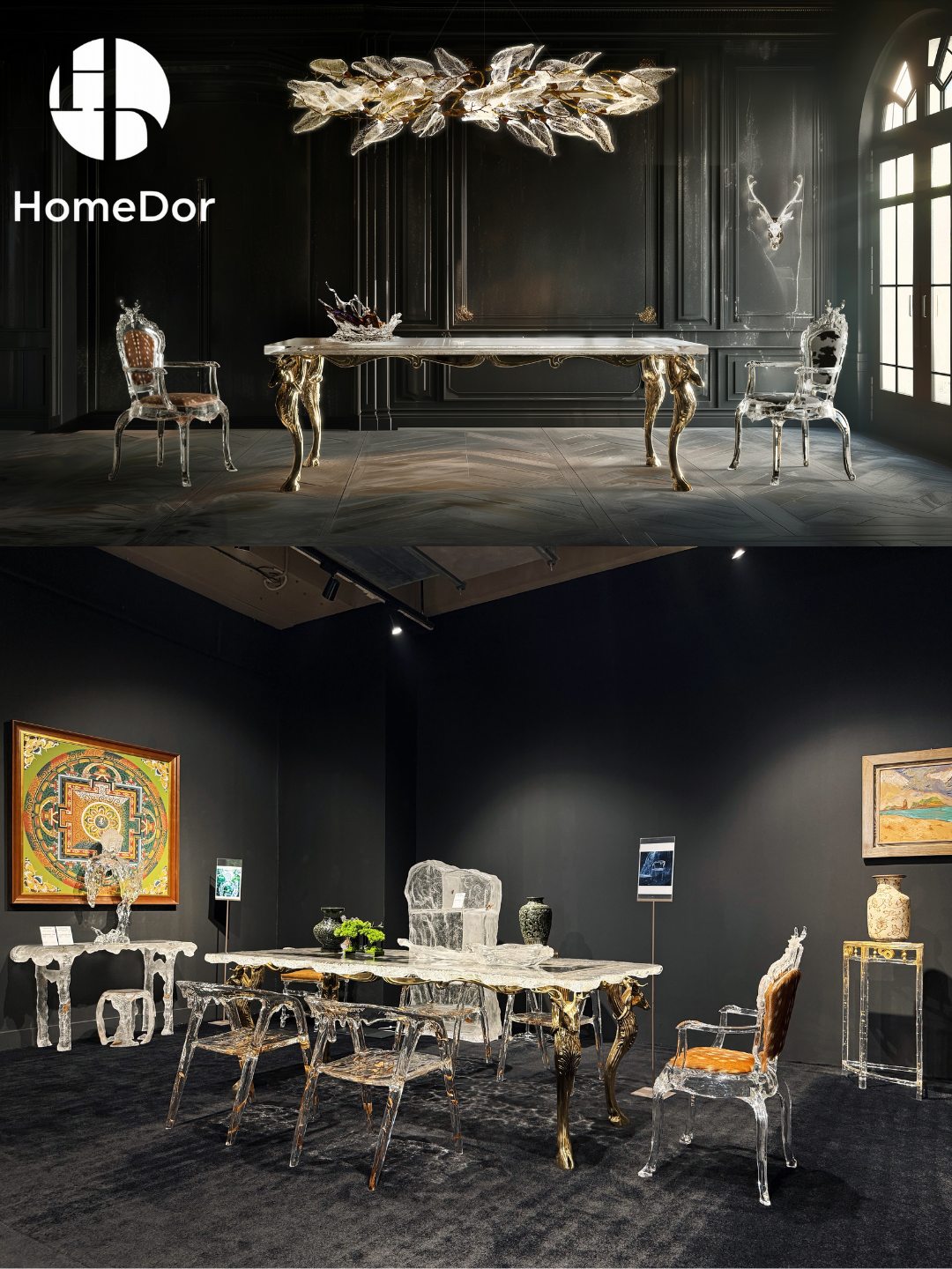 Luxury Bronze Deer Glacier Crystal Long Dining Table by Gordon Gu