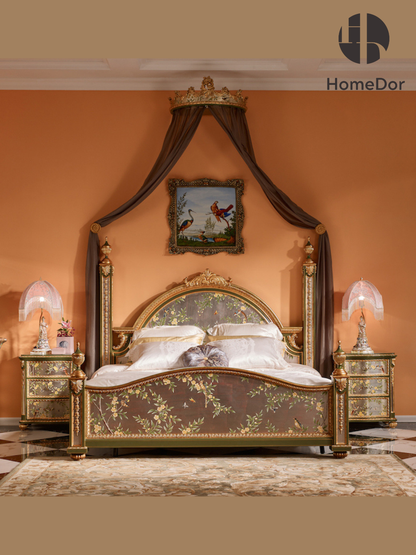 Louis XV Vernis Martin Rose Canopy Bed with Crown