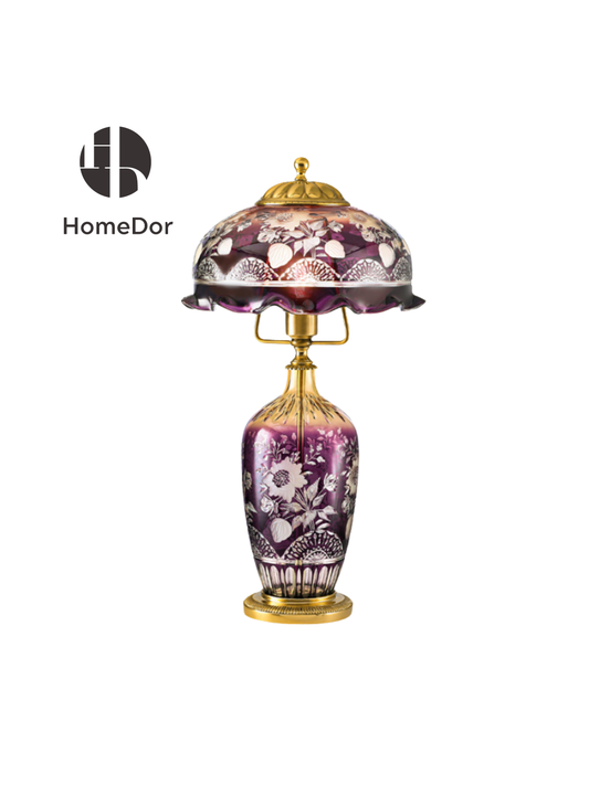HomeDor Aurora Glass Amethyst Gradient Etched Floral Table Lamp