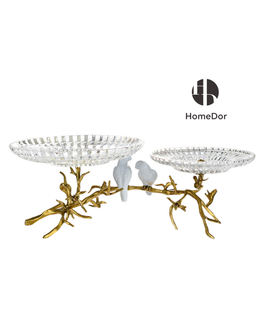 HomeDor Exquisite Crystal Glass Fruit Platter with Brass Twig & Porcelain Parrot-L57cm × W29cm × H20cm-