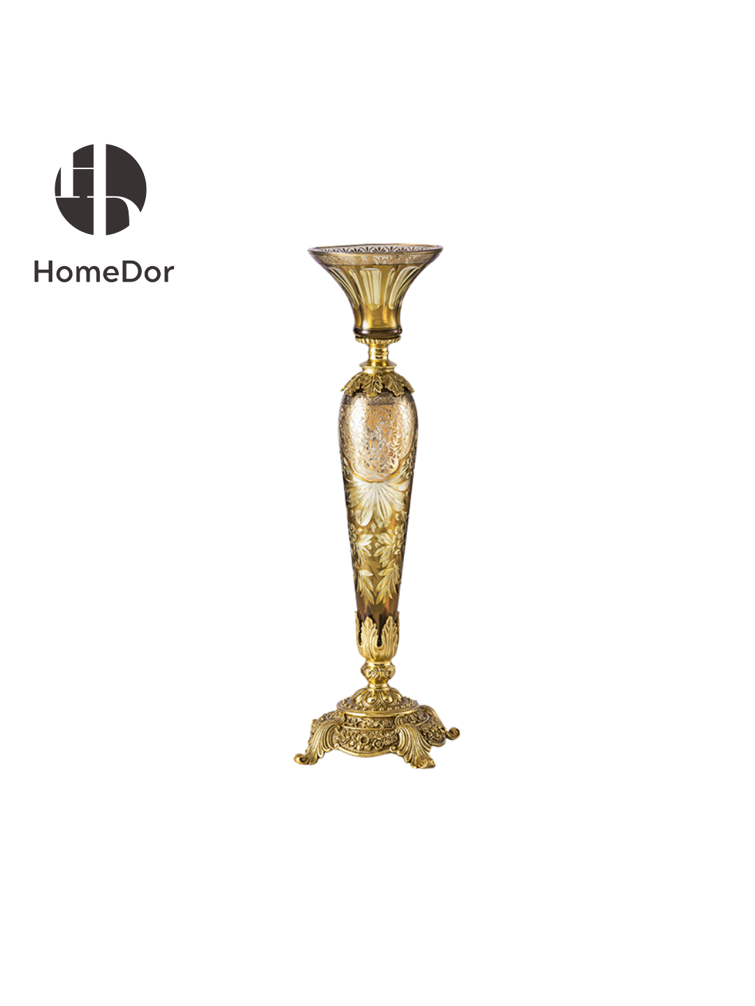 Handcrafted Aurora Glass Amber Gold Etched Floral Set featuring brass carving and European Palace style detials. Perfect for luxury home decor, classical foyer, and villa interiors