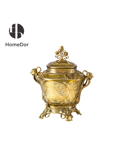 Handcrafted Aurora Glass Amber Gold Etched Floral Vase featuring brass carving and European Palace style detials. Perfect for luxury home decor, classical foyer, and villa interiors