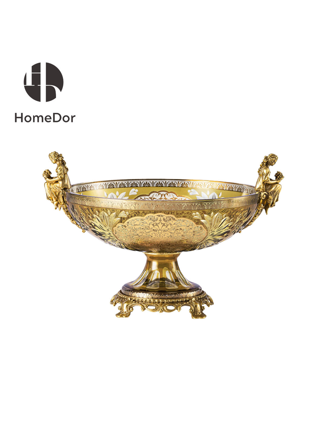 Handcrafted Aurora Glass Amber Gold Etched Floral Vase featuring brass carving and European Palace style detials. Perfect for luxury home decor, classical foyer, and villa interiors