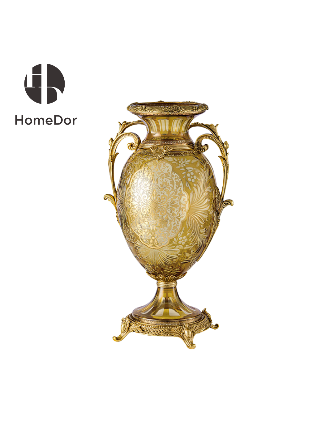 Handcrafted Aurora Glass Amber Gold Etched Floral Vase featuring brass carving and European Palace style detials. Perfect for luxury home decor, classical foyer, and villa interiors