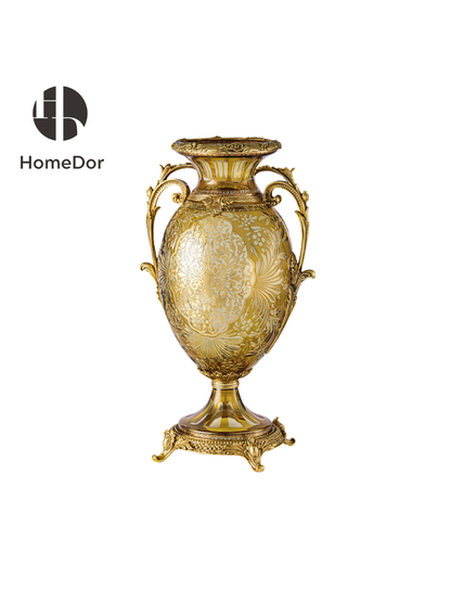 Handcrafted Aurora Glass Amber Gold Etched Floral Vase featuring brass carving and European Palace style detials. Perfect for luxury home decor, classical foyer, and villa interiors