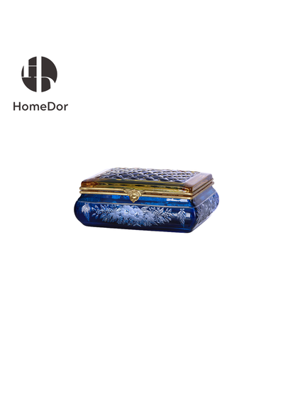 Handcrafted Aurora Glass Cobalt Blue  Etched Floral Set featuring brass carving and European Palace style detials. Perfect for luxury home decor, classical foyer, and villa interiors