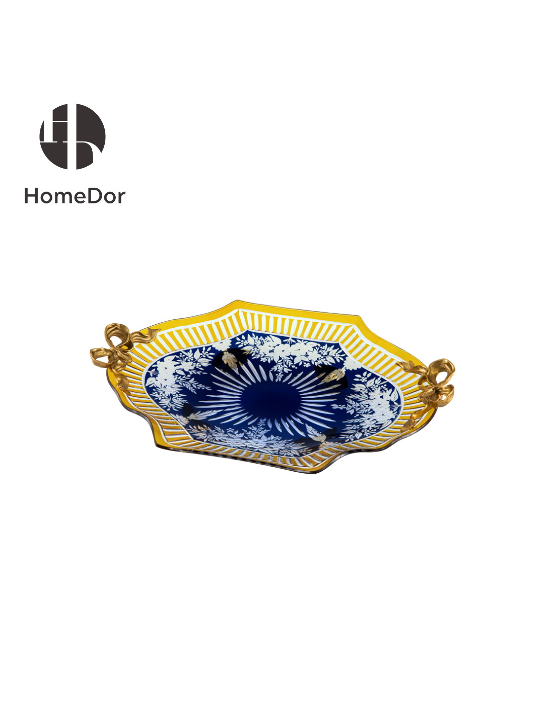 Handcrafted Aurora Glass Cobalt Blue  Etched Floral Set featuring brass carving and European Palace style detials. Perfect for luxury home decor, classical foyer, and villa interiors