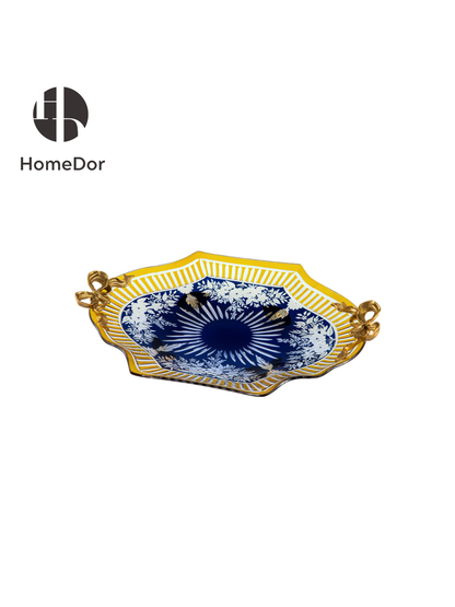 Handcrafted Aurora Glass Cobalt Blue  Etched Floral Set featuring brass carving and European Palace style detials. Perfect for luxury home decor, classical foyer, and villa interiors