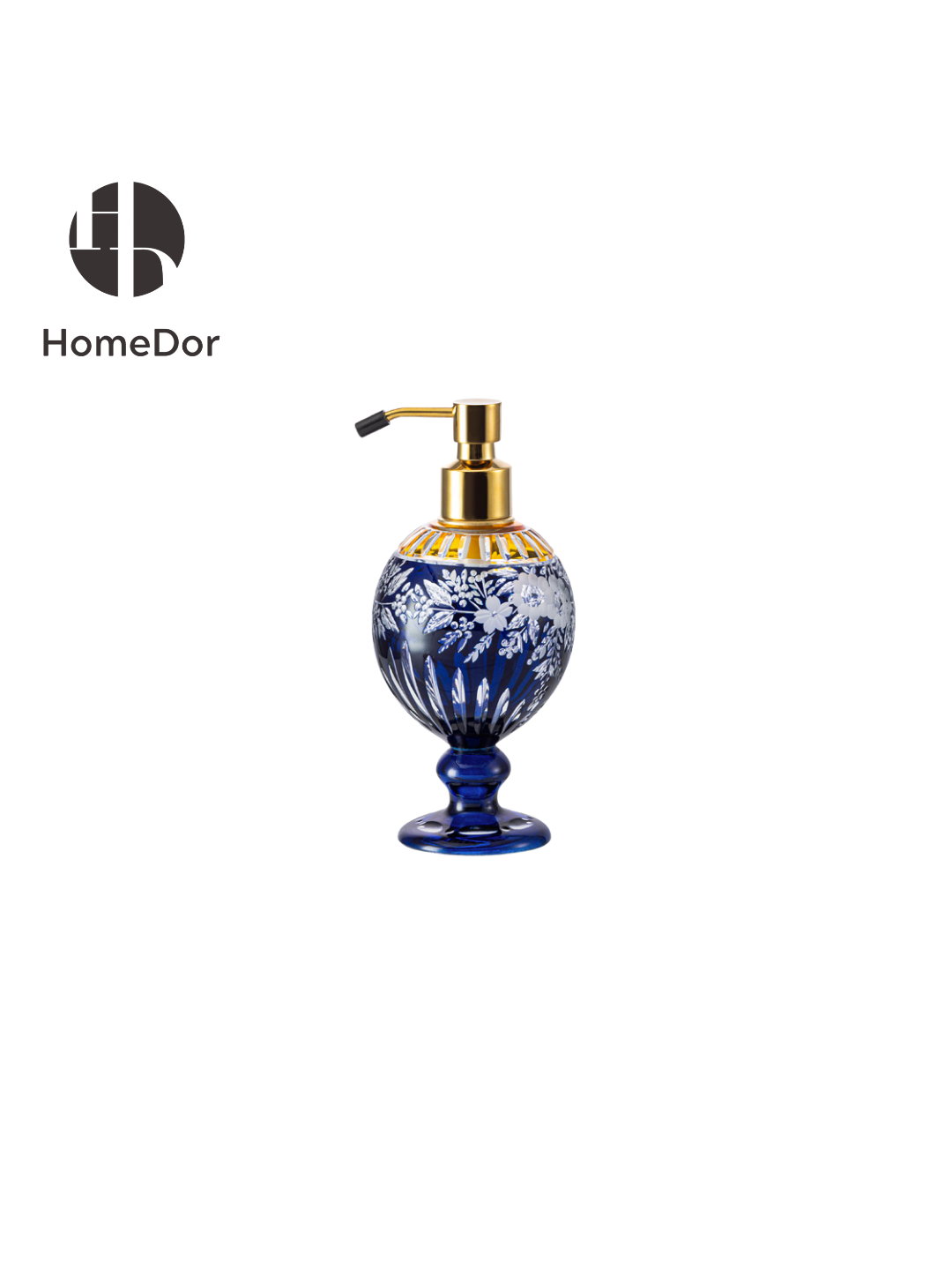 Handcrafted Aurora Glass Cobalt Blue Etched Floral Set featuring brass carving and European Palace style detials. Perfect for luxury home decor, classical foyer, and villa interiors