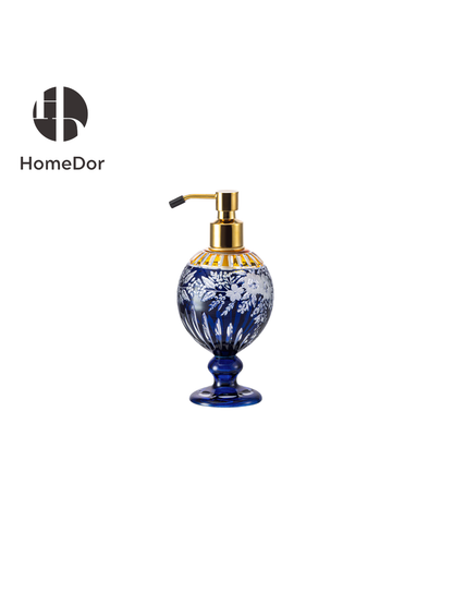 Handcrafted Aurora Glass Cobalt Blue Etched Floral Set featuring brass carving and European Palace style detials. Perfect for luxury home decor, classical foyer, and villa interiors