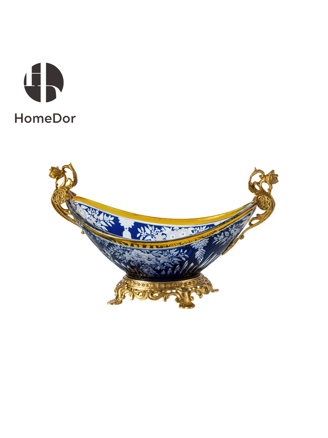 Handcrafted Aurora Glass Cobalt Blue  Etched Floral Set featuring brass carving and European Palace style detials. Perfect for luxury home decor, classical foyer, and villa interiors