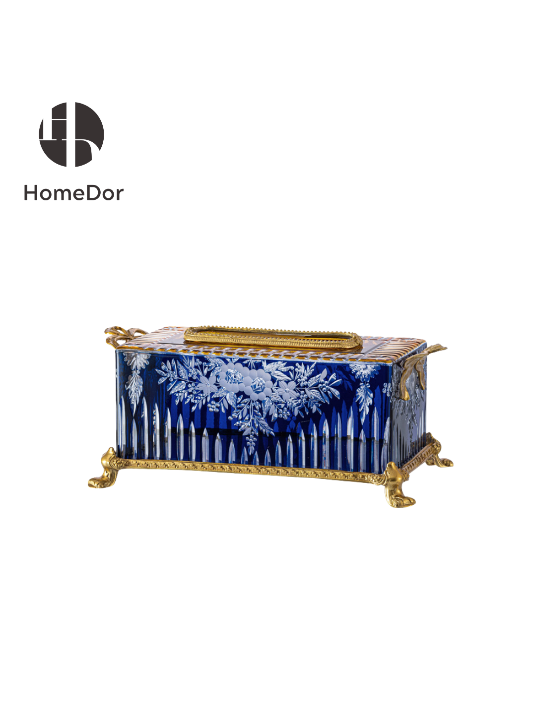 Handcrafted Aurora Glass Cobalt Blue  Etched Floral Set featuring brass carving and European Palace style detials. Perfect for luxury home decor, classical foyer, and villa interiors