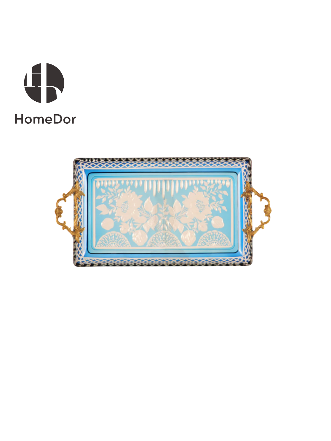 Homedor Aurora Glass Light Blue Etched Floral Tray for Luxury Dinner Party