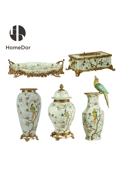 Avian Spring | Nature - Inspired Harmony Mint Green Porcelain Set with Brass Accents