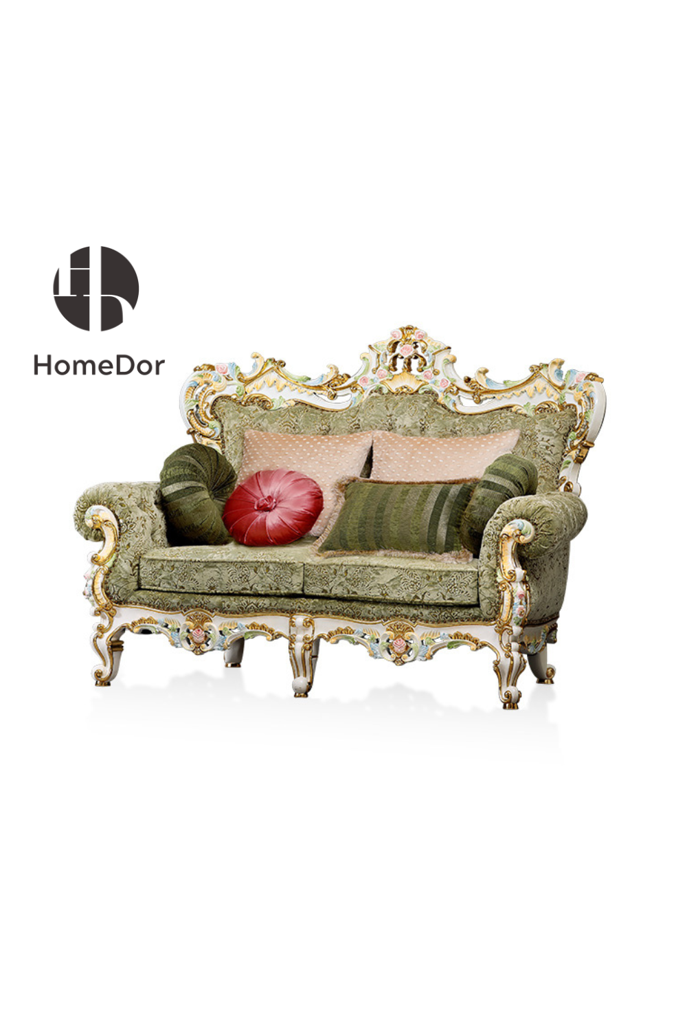 Decorative green sofa with gold accents and cushions on a white background, featuring the HomeDor brand.