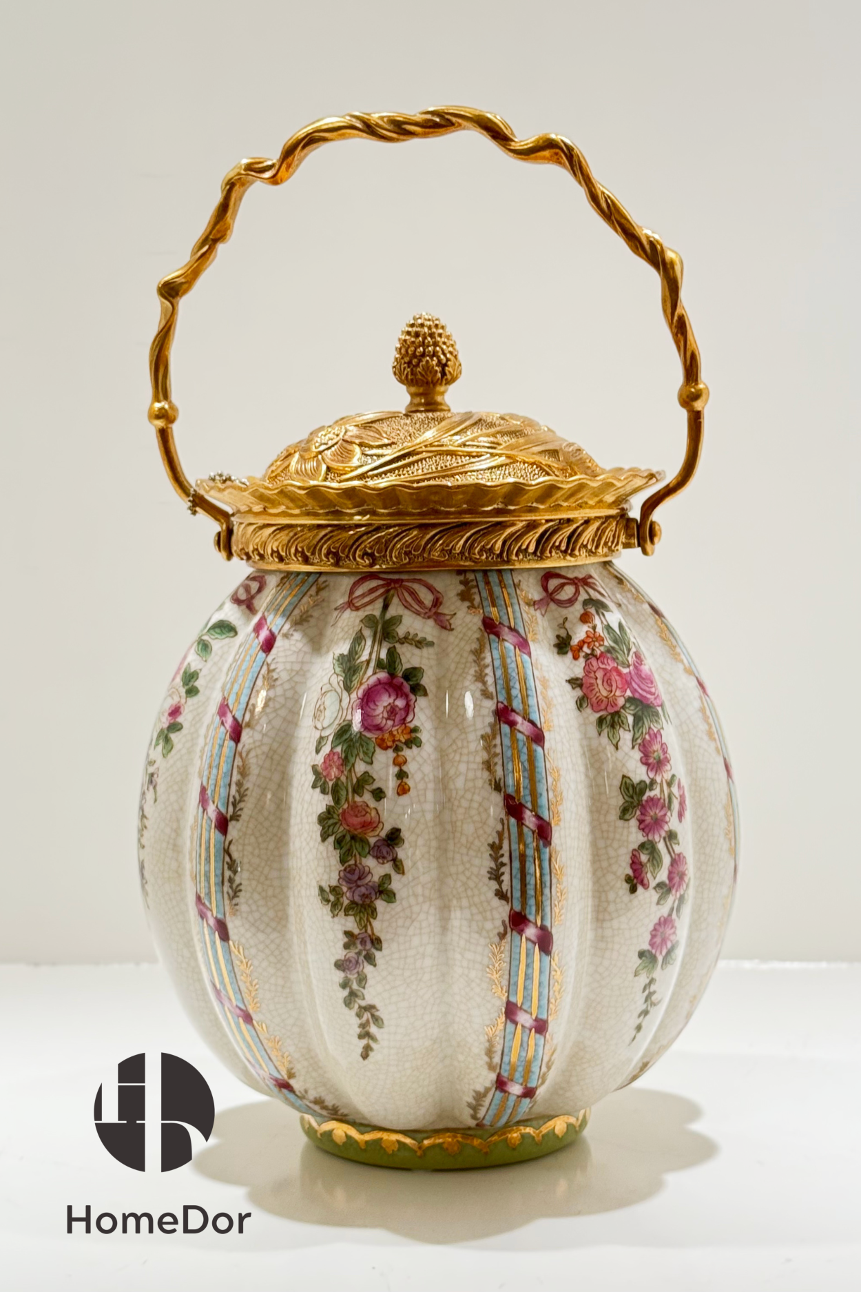 HomeDor Elegant Floral Porcelain Brass Handled Canister-L20cm X W20cm X H34cm-