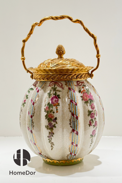 HomeDor Elegant Floral Porcelain Brass Handled Canister-L20cm X W20cm X H34cm-