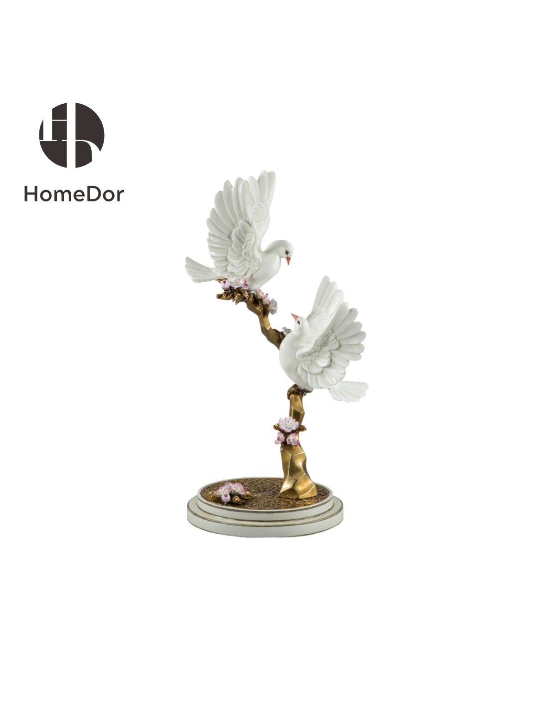 Luxury tabletop decor piece with ornate brass base and ceramic dove figurines.