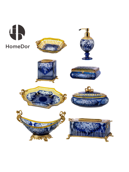 Handcrafted Aurora Glass Cobalt Blue  Etched Floral Set featuring brass carving and European Palace style detials. Perfect for luxury home decor, classical foyer, and villa interiors