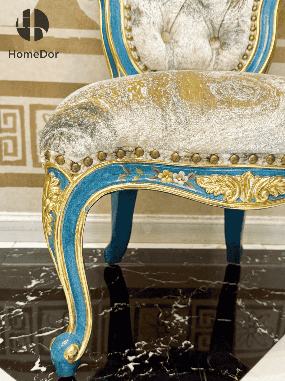 HomeDor French Rococo Style Tufted Accent Side Chair with Gold Carved Frame