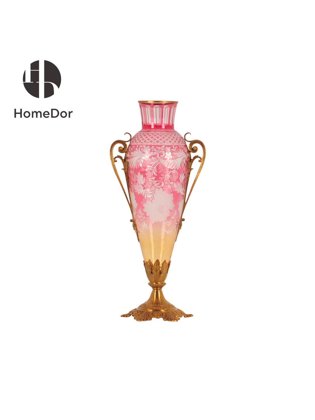 Peach Blossom Pink Baroque Copper-Cast Glass Engraved Vase