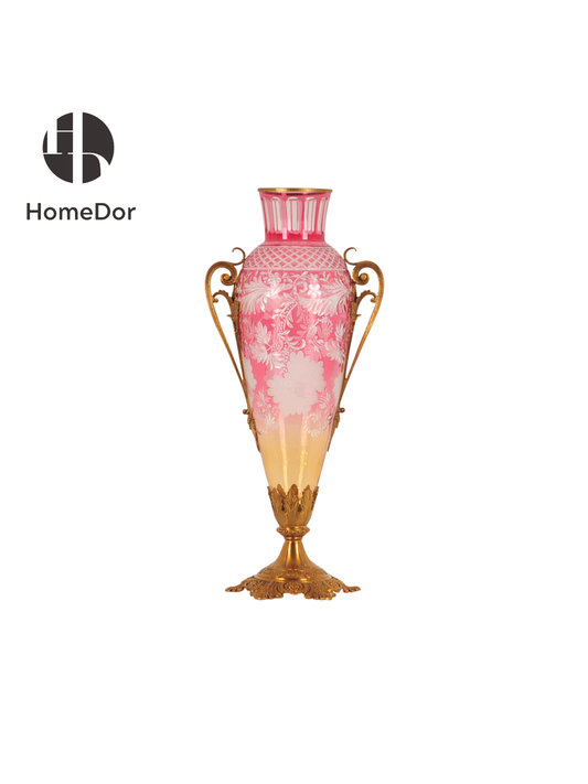 Peach Blossom Pink Baroque Copper-Cast Glass Engraved Vase