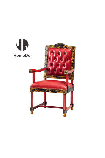 A Renaissance Revival palace-style armchair featuring deep tufted red leather upholstery, ornate black-and-gold framing, and a commanding architectural silhouette.