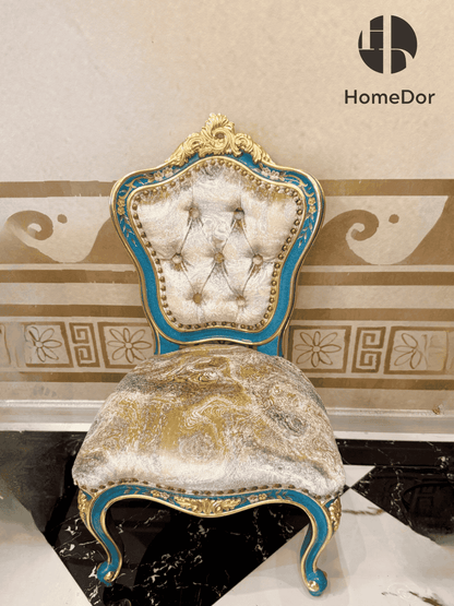 Inspired by 18th-century French palace Rococo design, featuring ornate gold carvings and a luxurious teal velvet finish.