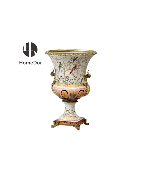 HomeDor × FH&Home | Palatial Decorative Porcelain Planter with Birds and Gold Accents