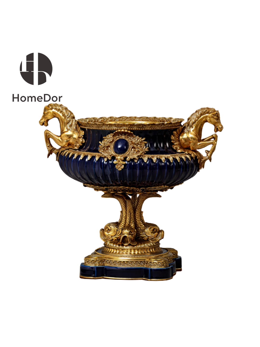 Comprising a monumental amphora adorned with sculptural cherub figures and a commanding cobalt blue tazza crowned by rearing horses, the ensemble reflects the theatrical grandeur that defined the Napoleon III era. Rich ormolu-style mounts, jewel-like accents, and deep cobalt tones create a striking contrast, transforming each piece into a celebration of artistry and imagination.
