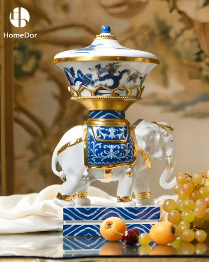 Urna decorativa con tapa de elefante blanco elegante HomeDor