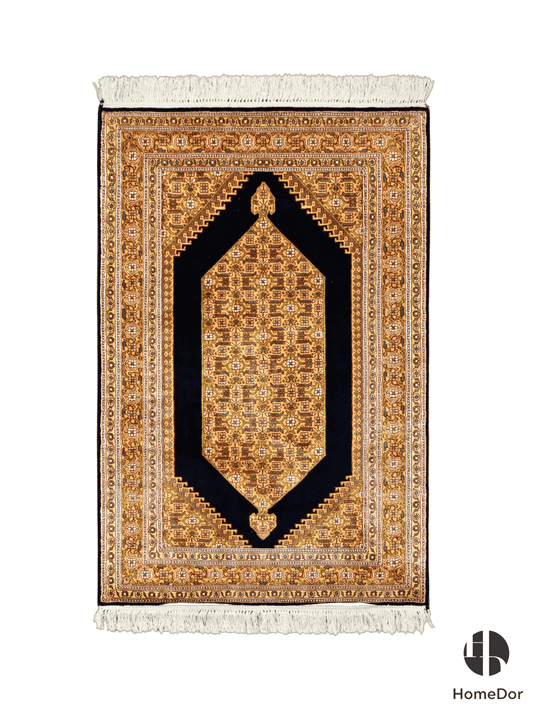 Kashmir Handmade Mulberry Silk Black & Gold Geometric Medallion Rug 60cm × 90cm
