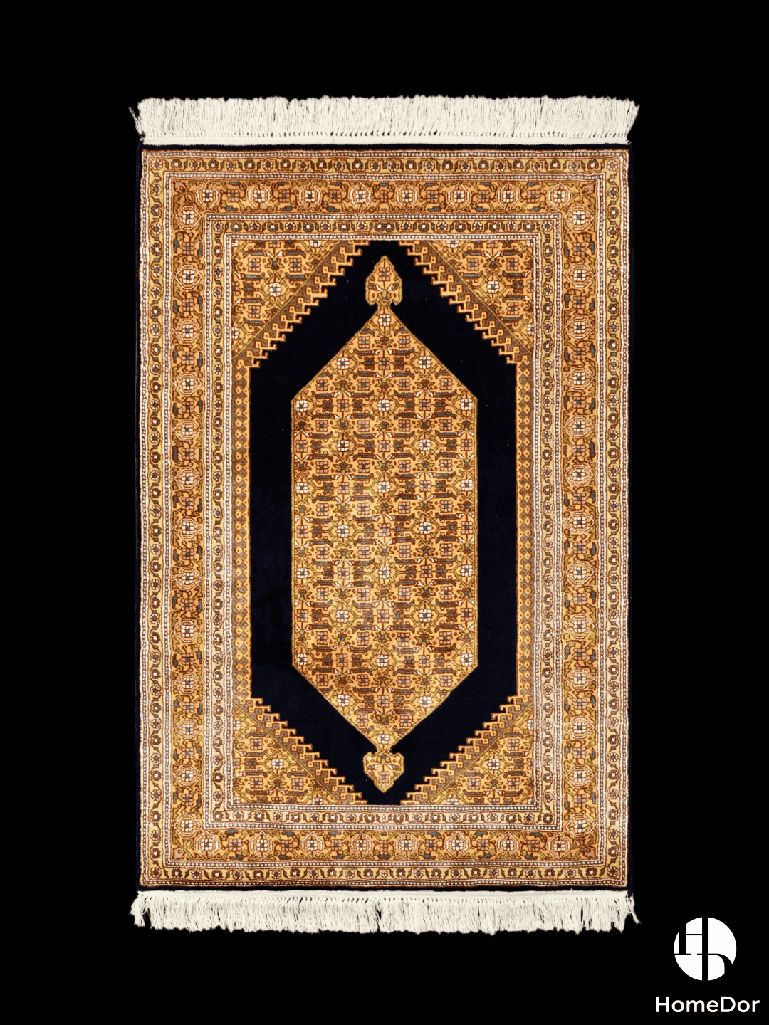 Kashmir Handmade Mulberry Silk Black & Gold Geometric Medallion Rug 60cm × 90cm1